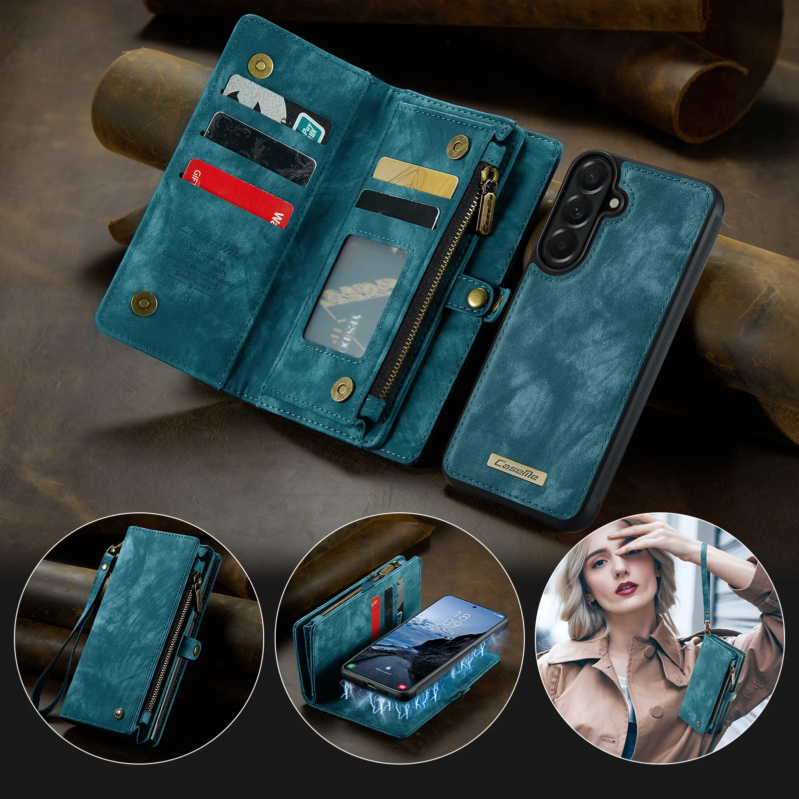 CaseMe-008 2-in-1 Detachable Magnetic Wallet Case for Samsung Galaxy A57 5G, Zipper Cash Slot, Wrist Lanyard, Premium Leather