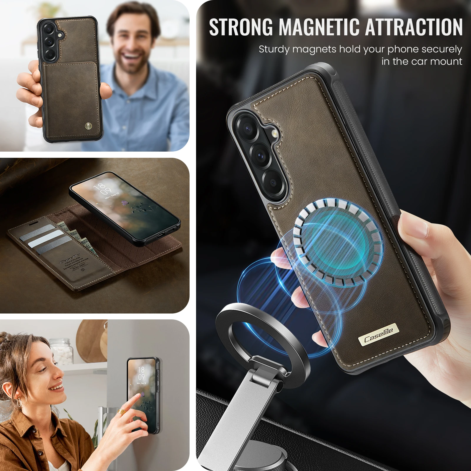 CaseMe-C49 2-in-1 Detachable Magnetic Wallet Case for Samsung Galaxy A57 5G, Cash Slot, Premium Leather, Protective Stand Cover