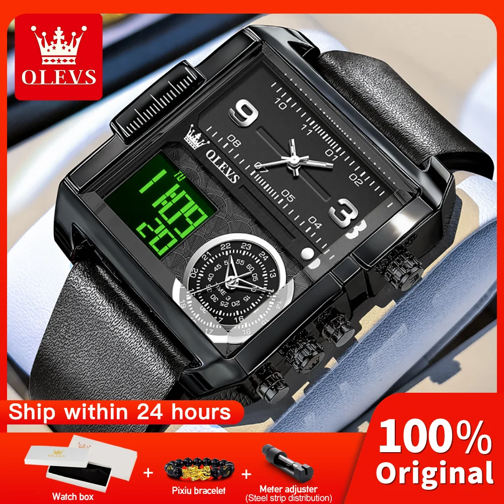 OLEVS 1101 Quartz Movement Watch LED 30m Waterproof Square Dial Leather Strap 24-hour Display Alarm Set Dual Time Watch For Men