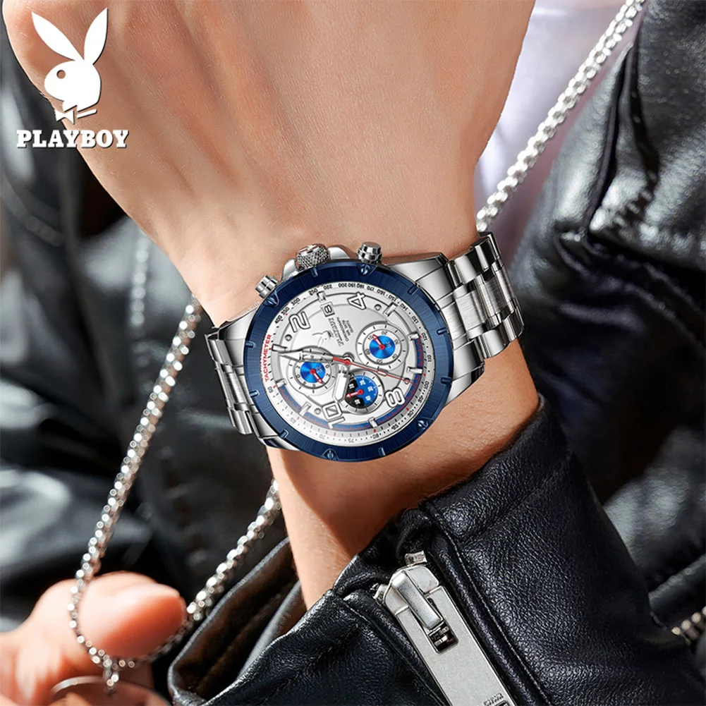 PLAYBOY 3509 Classic Cool Style Quartz Movement Watch Chronograph Luminous Function 30m Daily Waterproof Date Window Watch