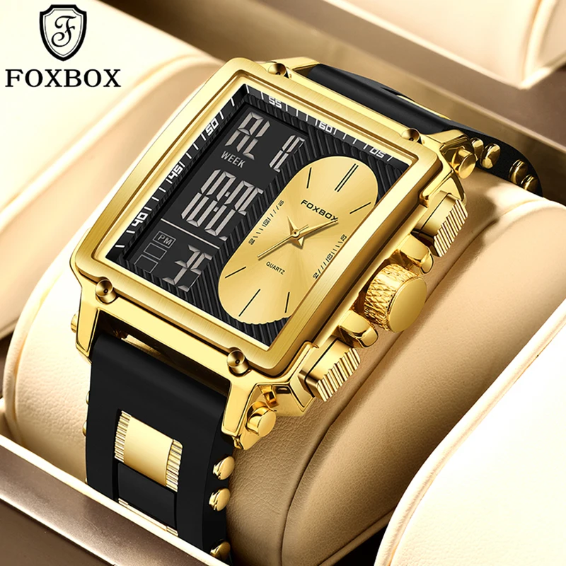 Foxbox Original New Luxury Digital Men's Watch Casual Style LED Dual Display Waterproof Quartz Watches for Men mens wristwatch