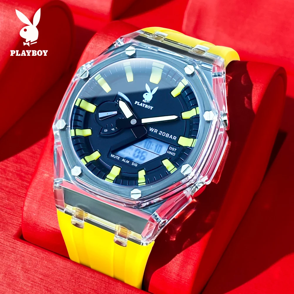 PLAYBOY 2066 Brand Original Electronic Fashionable Men Watch Rubber Strap Luminous Display Watch Timing Function Waterproof