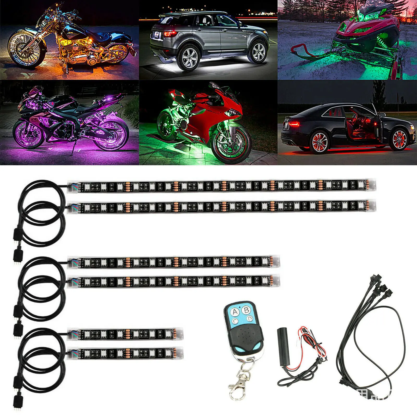 6pcs Motorcycle 18-color LED Neon Strip Light Moto Wireless RGB Remote Control Under Glow Lamp Kit Car Decorative Light Strip