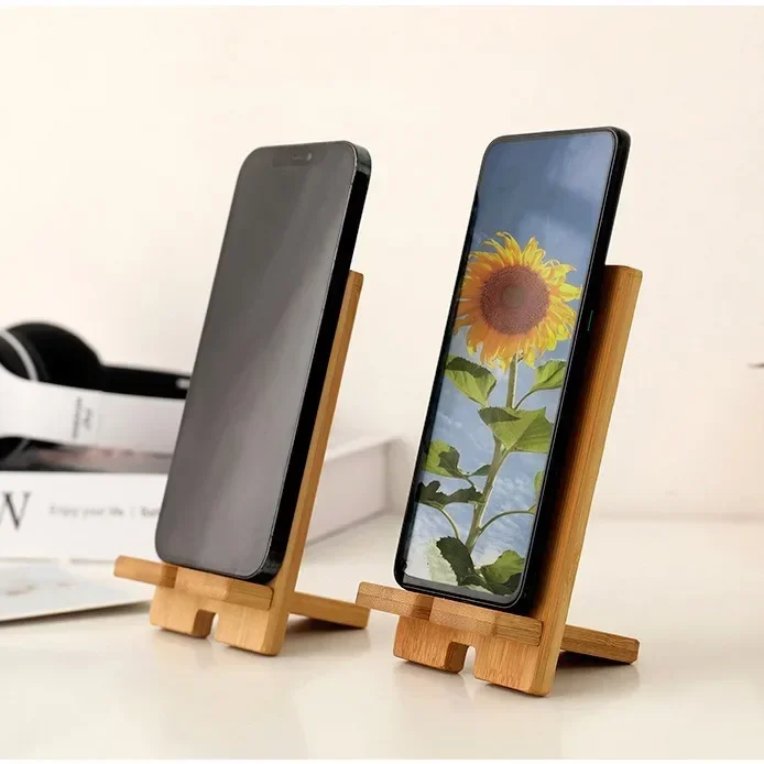 Removable Desktop Wooden Phone Holder Lazy Smartphone Stand Charging Cable Port for iPhone Samsung Xiaomi Retro Cell Phone Mount