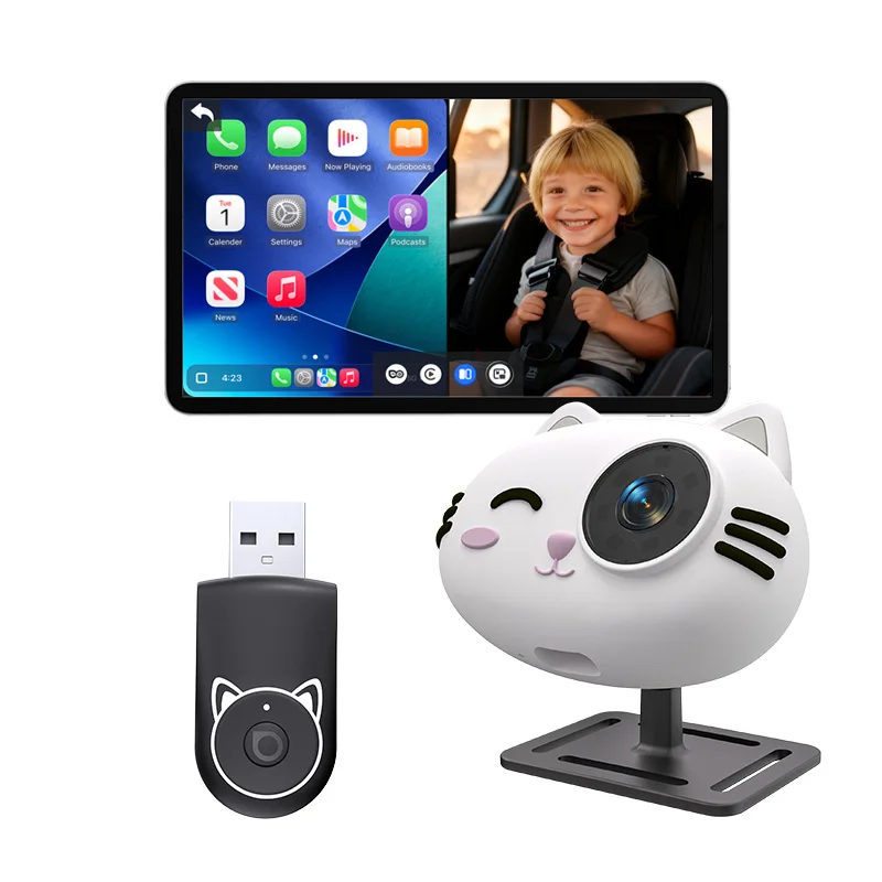 【Premium Hot Selling 】Custom Wireless CarPlay Adapter with Rear Seat Child Monitor Camera for Factory Wired CarPlay Vehicles Fam