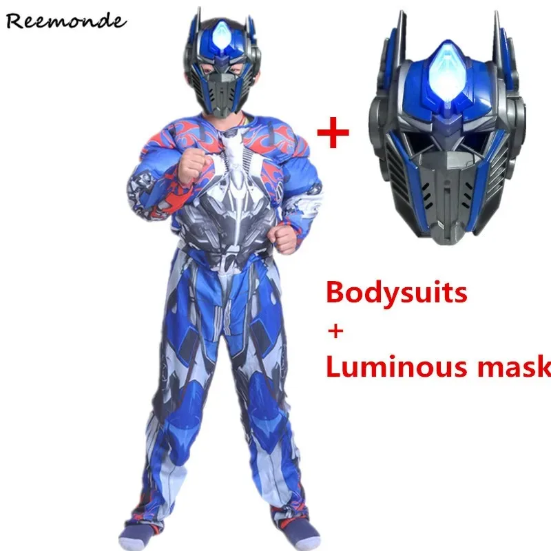 Movie Superhero Optimus Prime Bumblebee Muscle Cosplay Costume Children Mask Bodysuits Full Set Kids Carnival Halloween Clothes