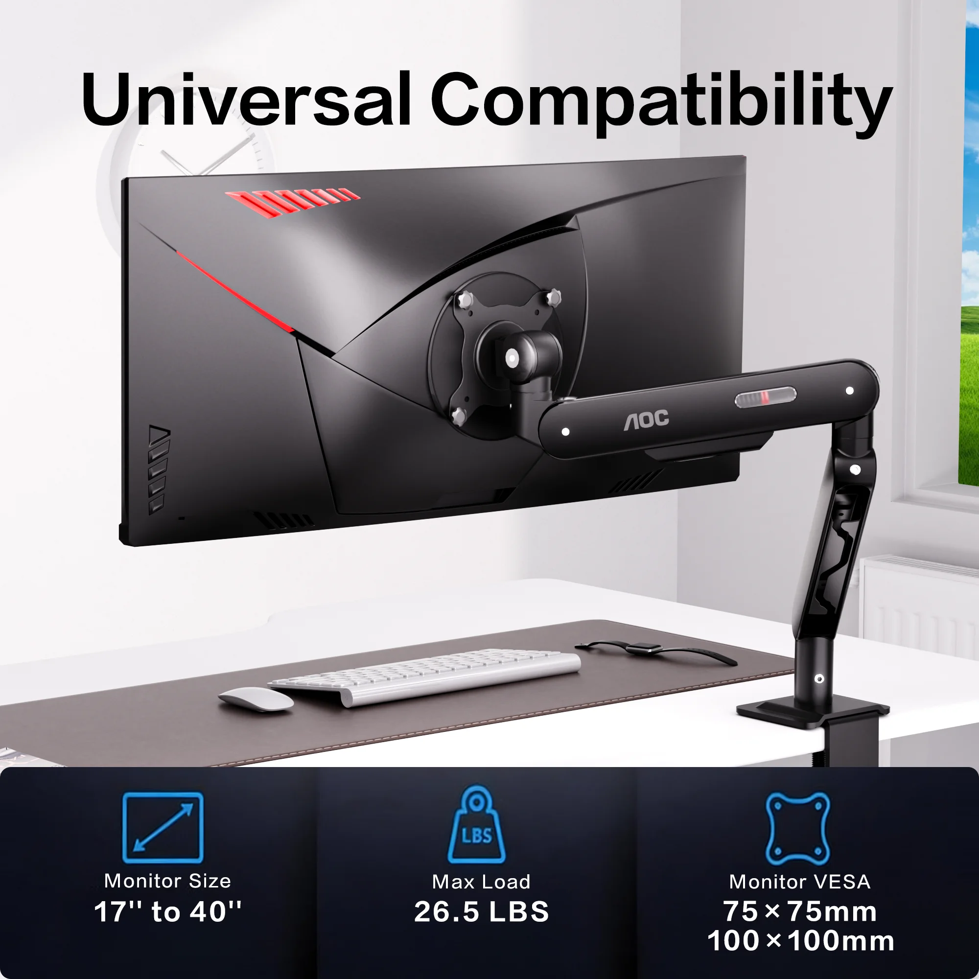 AOC AM500MAX Premium Aluminum Single Monitor Arm High Capacity Adjustable Monitor Mount for 17–40