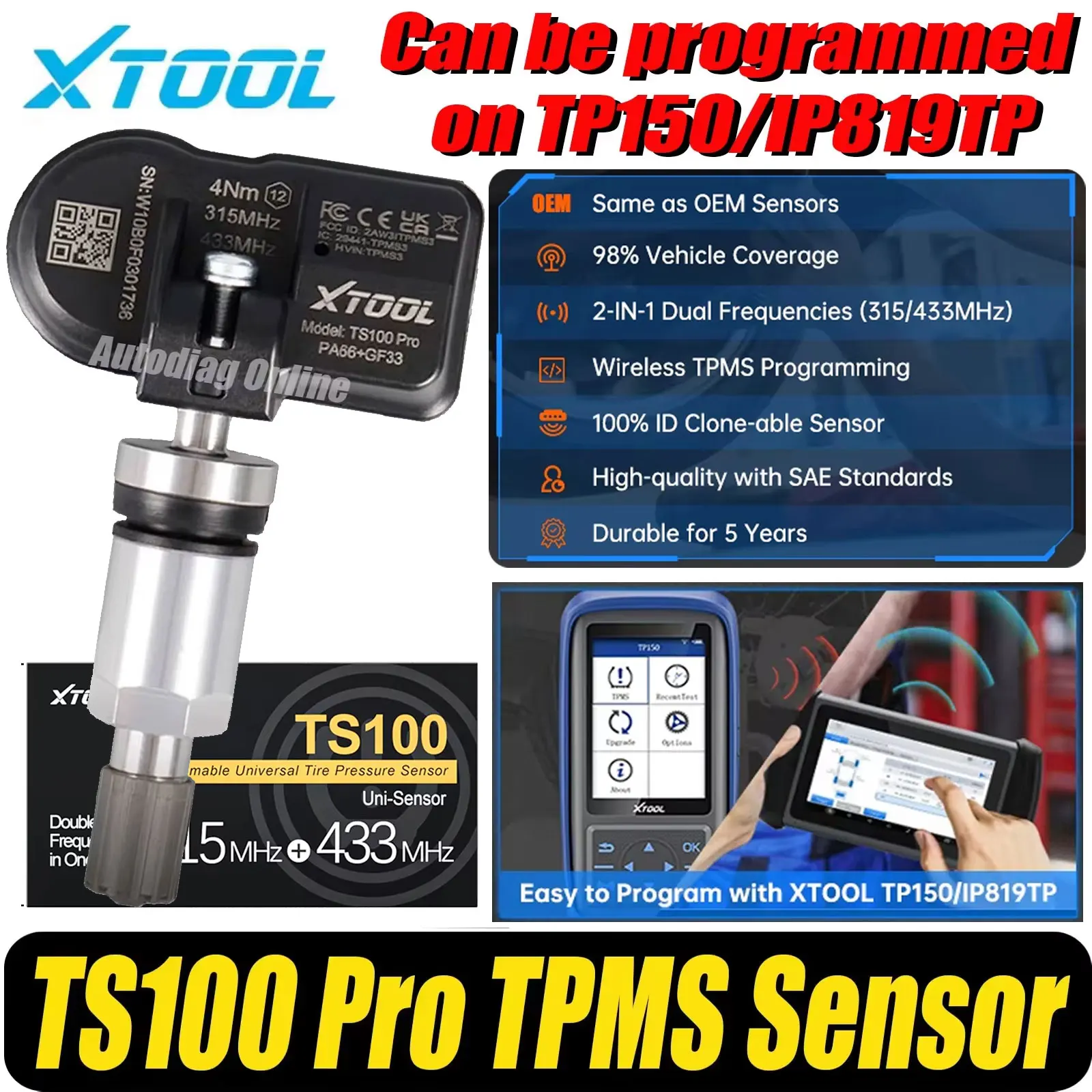 XTOOL TS100 PRO TPMS SENSOR 315MHz&433MHz TPMS Sensor Tire Pressure Monitor Tester Programming with TP150/IP819TP Tire Repair