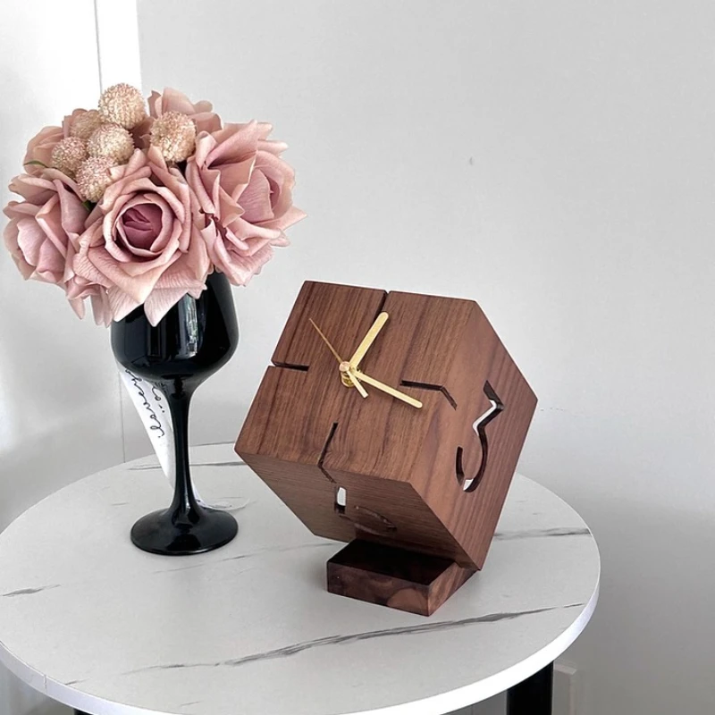 Minimalist Cube Table Clock Black Walnut Hollow-Out Desk Clock with Silent Movement Modern Geometric Home Decor for Office