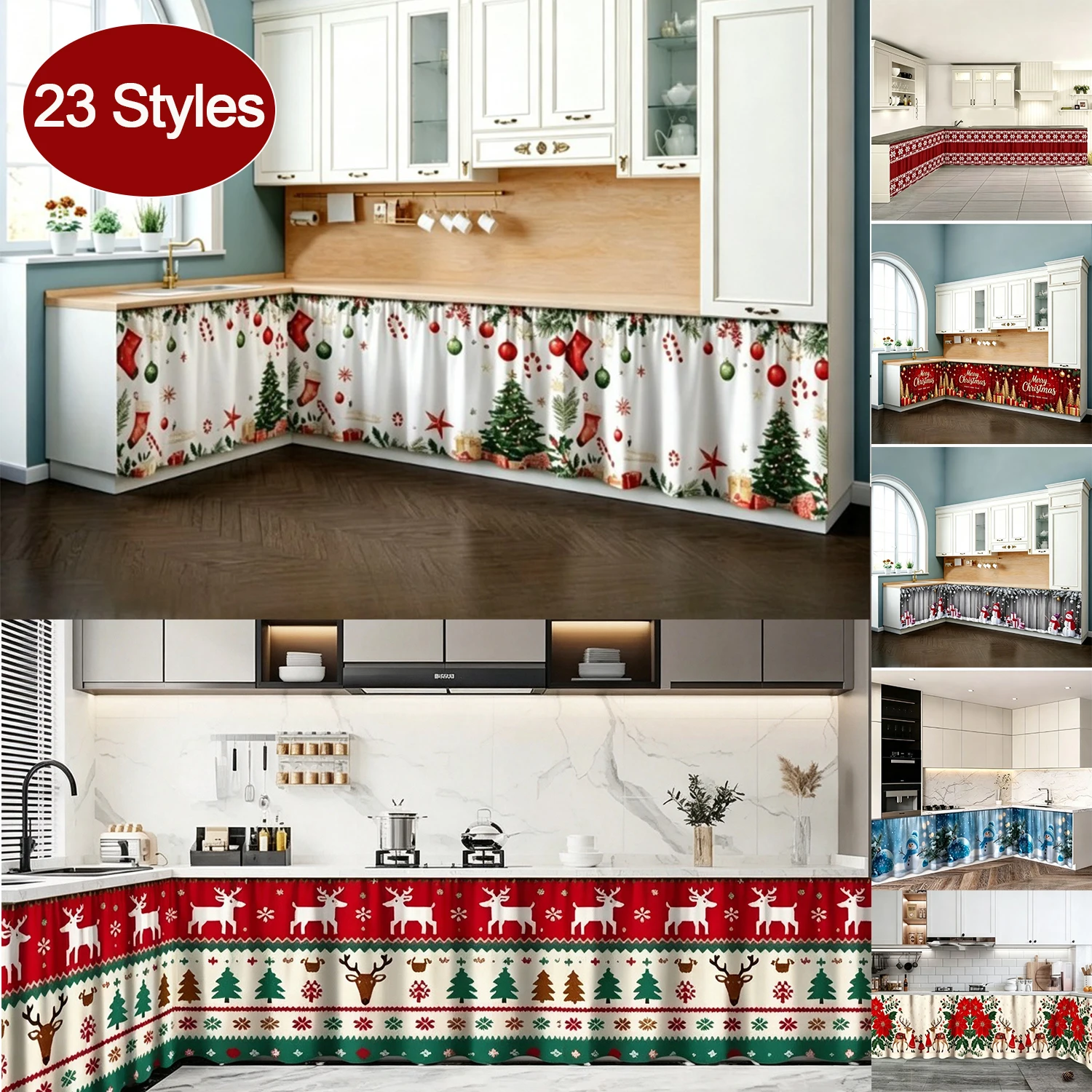 2D Printed Christmas-Themed Table Skirt ,High-Definition Digital Print Cabinet Curtains,Perfect for Under-Counter Decoration