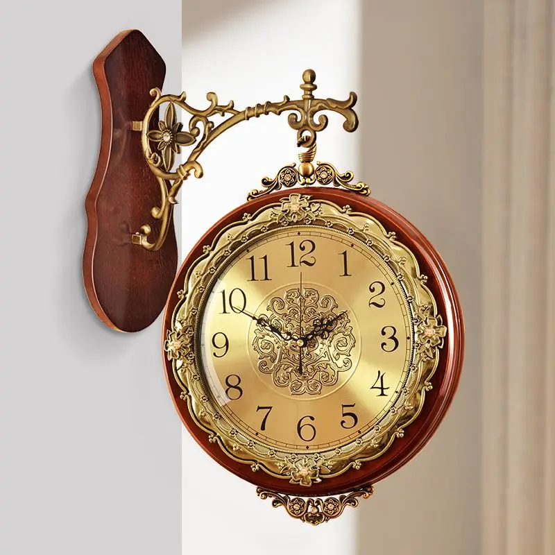 Double Sided Wall Clock Silent European Style Wood Design for Living Room Luxury Dual-Sided Decorative Clock for Home Office