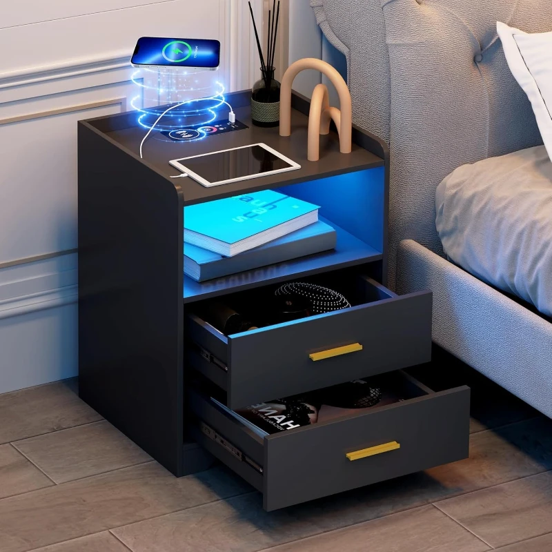 Black LED Nightstand with Charging Station Modern 24-Color RGB LED Lights Smart Lighted Black Bedside Table 2 Drawers Bedroom