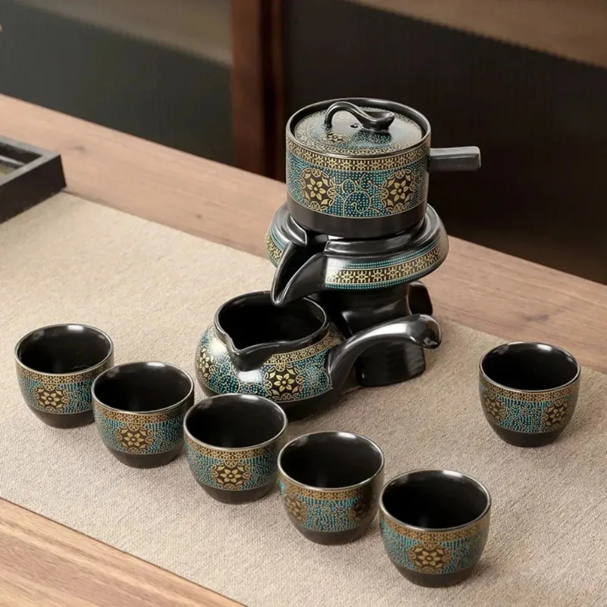 Kungfu Tea Set Ceramic Automatic Tea Maker Rotating Tray Chinese Tea Ceremony Kit Luxury Home Decor Business Gift