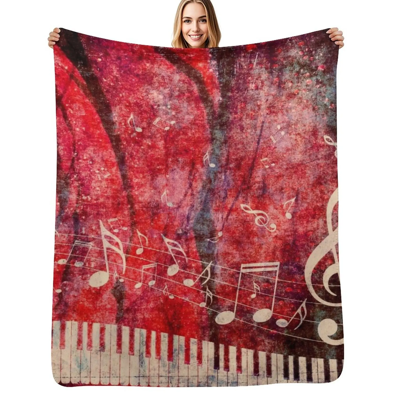 Piano Keyboard with Music Notes Grunge 2 Throw Blanket Anti Shedding Soft Fuzzy Blanket for Home