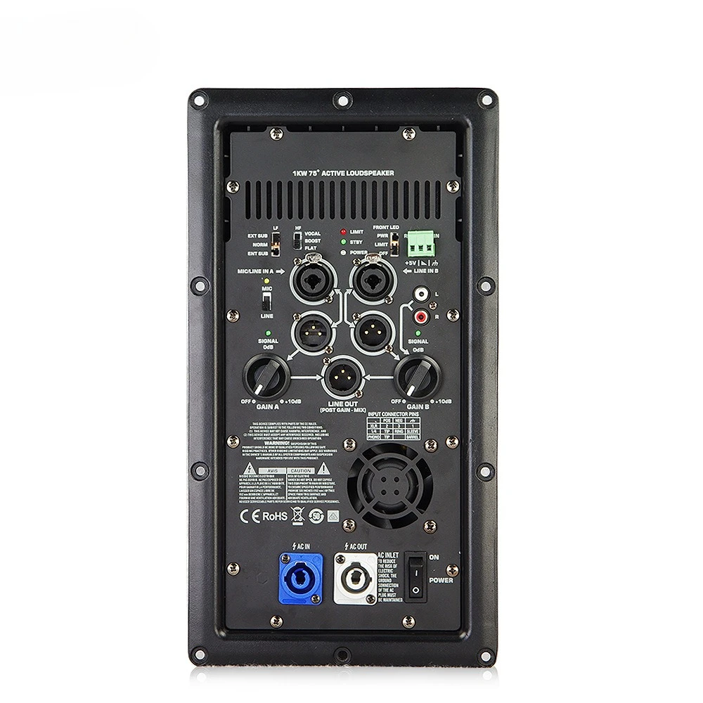 Professional active speaker digital amplifier rear panel module for performances, home theater, and conferences