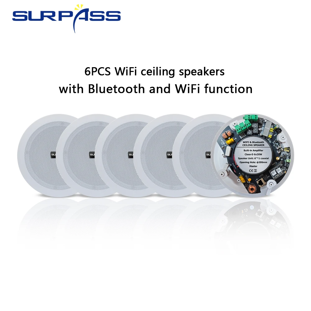 6PCS 6 Inch Smart Bluetooth 30W WiFi Ceiling Speaker Built in Class D Digital Amplifier Active Loudspeaker for Hotel Restaurant