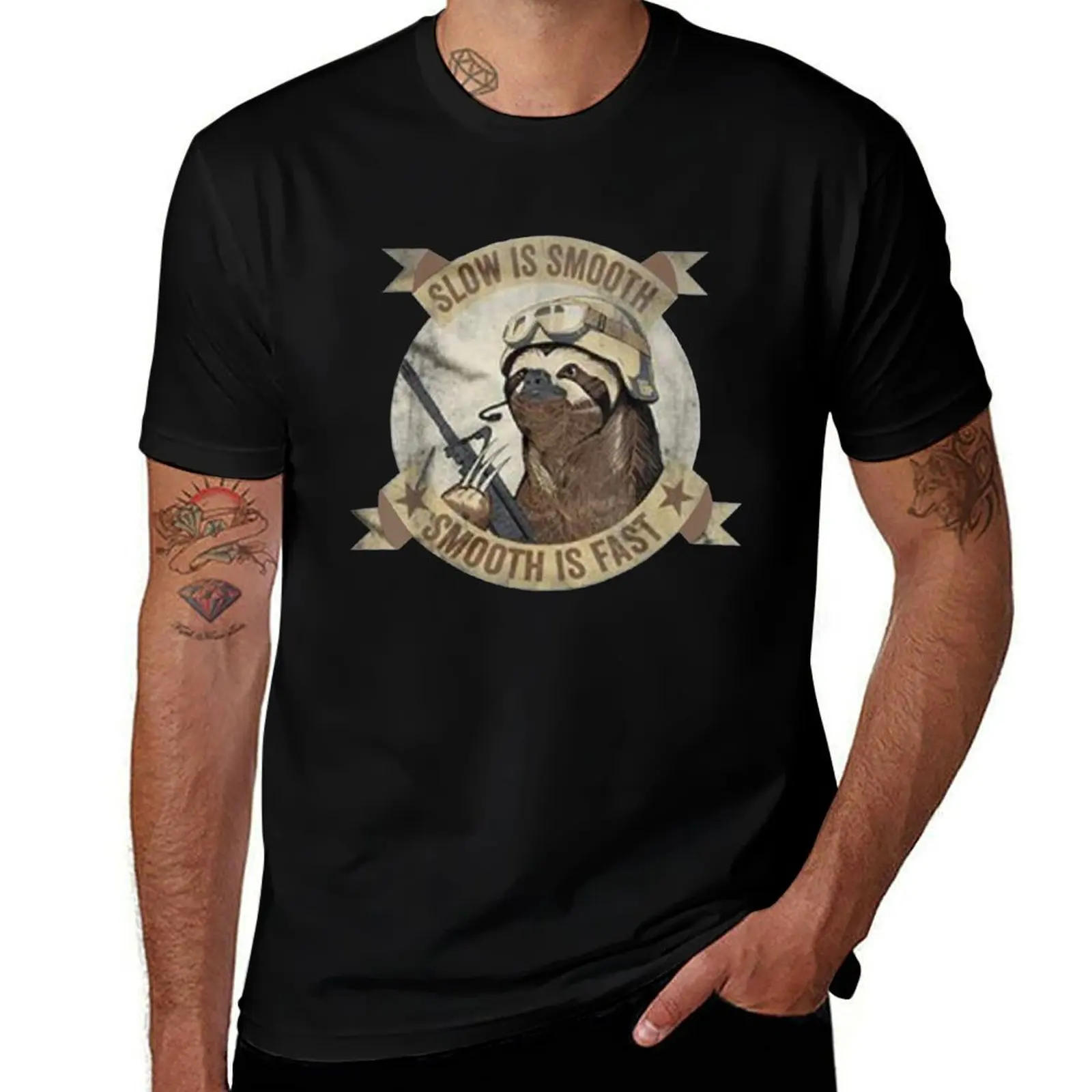 Slow Is Smooth Smooth Is Fast Sloth Guns T-Shirt Stretch Fabric Comfort T-Shirt