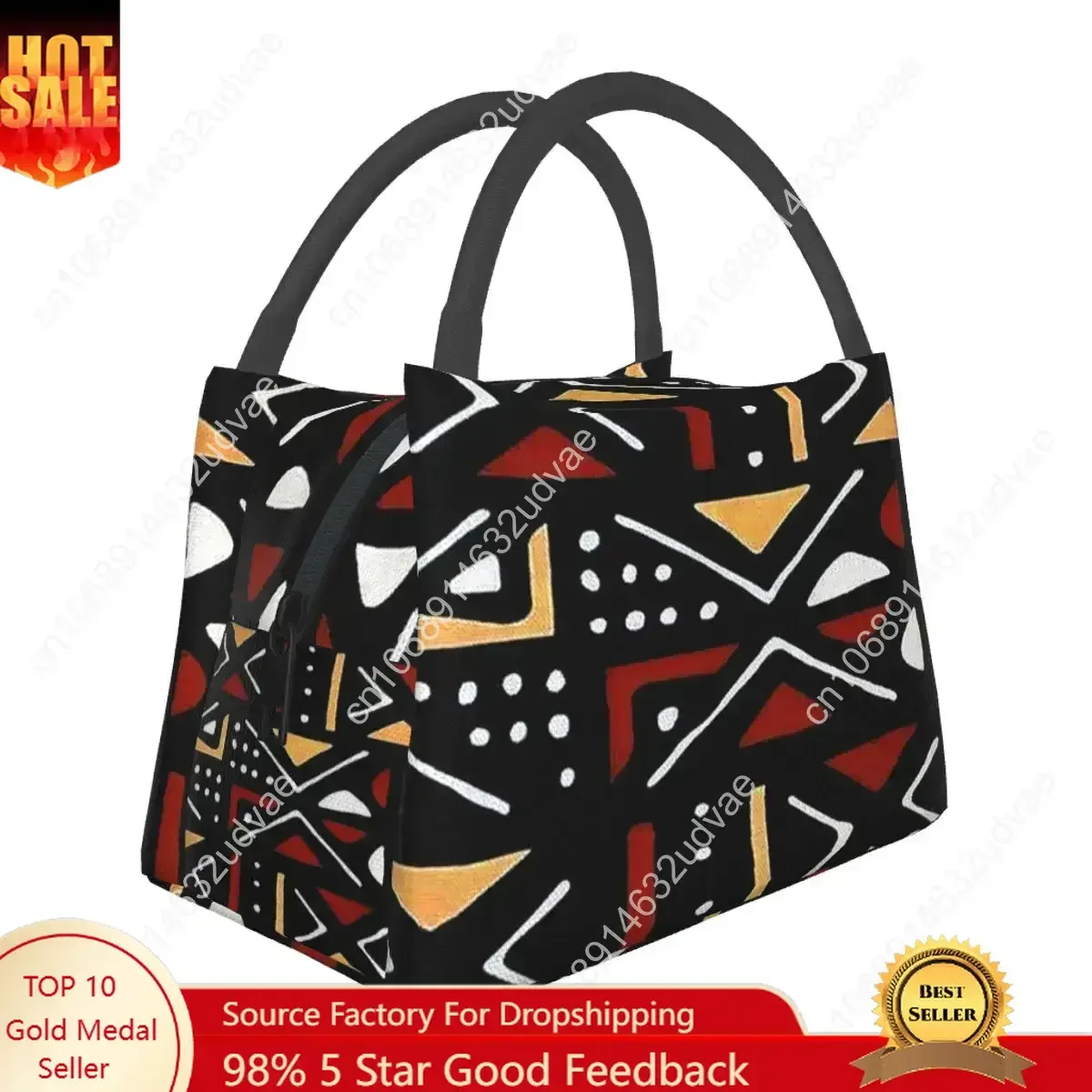 African Bogolan Mudcloth Pattern Lunch Bags Insulated Bento Box Portable Lunch Tote Resuable Picnic Bags for Woman Kids Office
