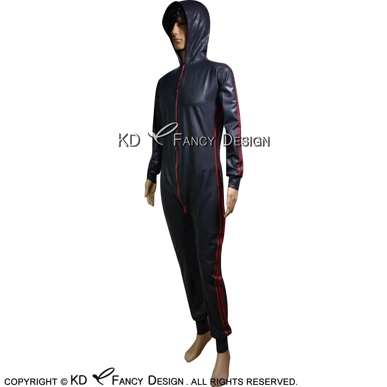 Black And Red Sexy Latex Catsuit With Hoodies Three Stripes Two Sides Zipper Rubber Bodysuit Zentai Overall Jumpsuit LTY-0216