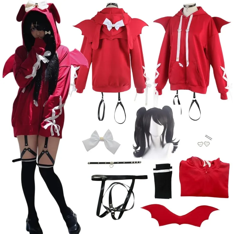 Game Rain Ame Costume Anchor Girls Cosplay Red Hooded Hoodie Demon Wing with Accessories Full Set for Women Theme Party
