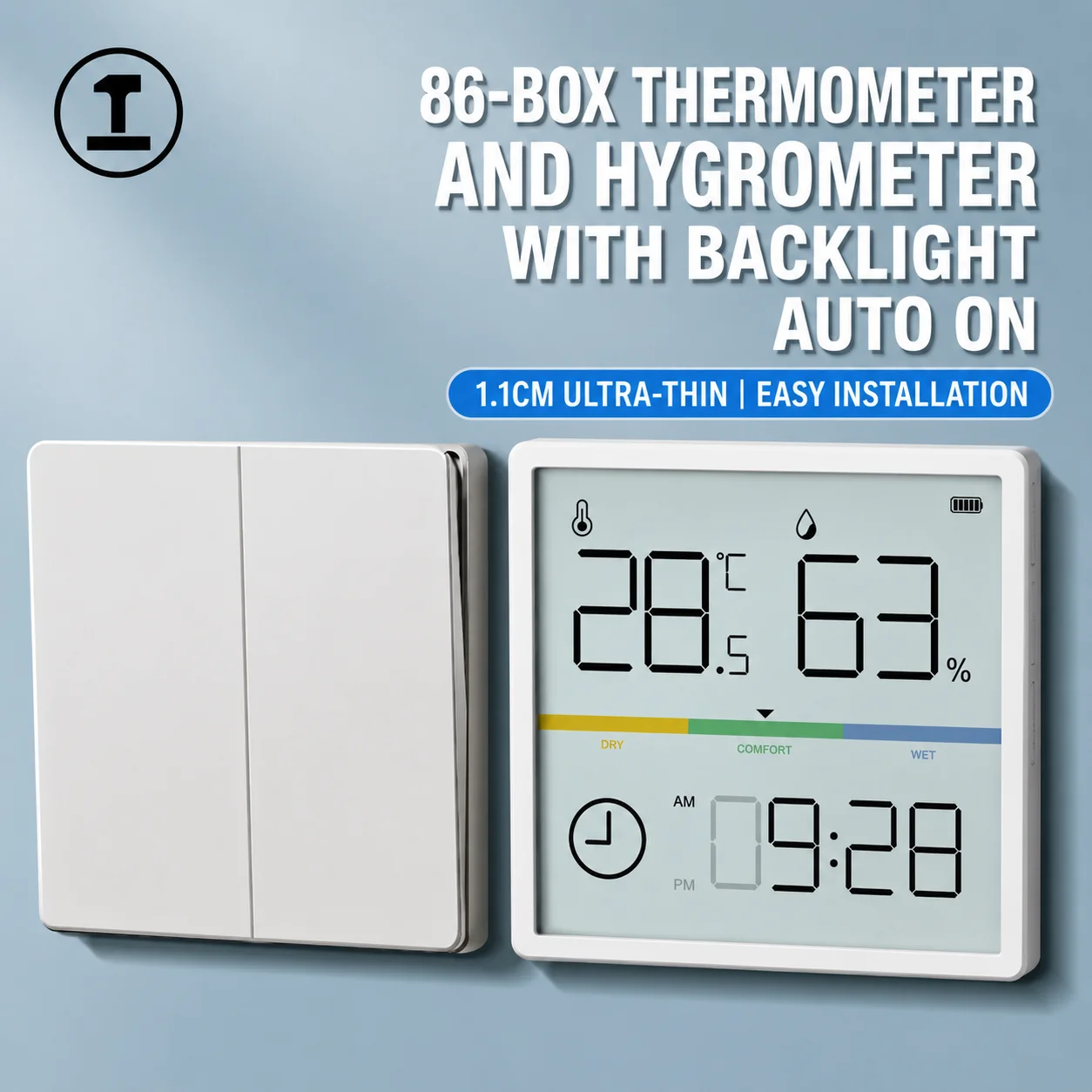 Digital Indoor Thermometer Hygrometer with Clock Temperature Humidity Monitor Wall Mounted Desk Display for Baby Room Home Offic