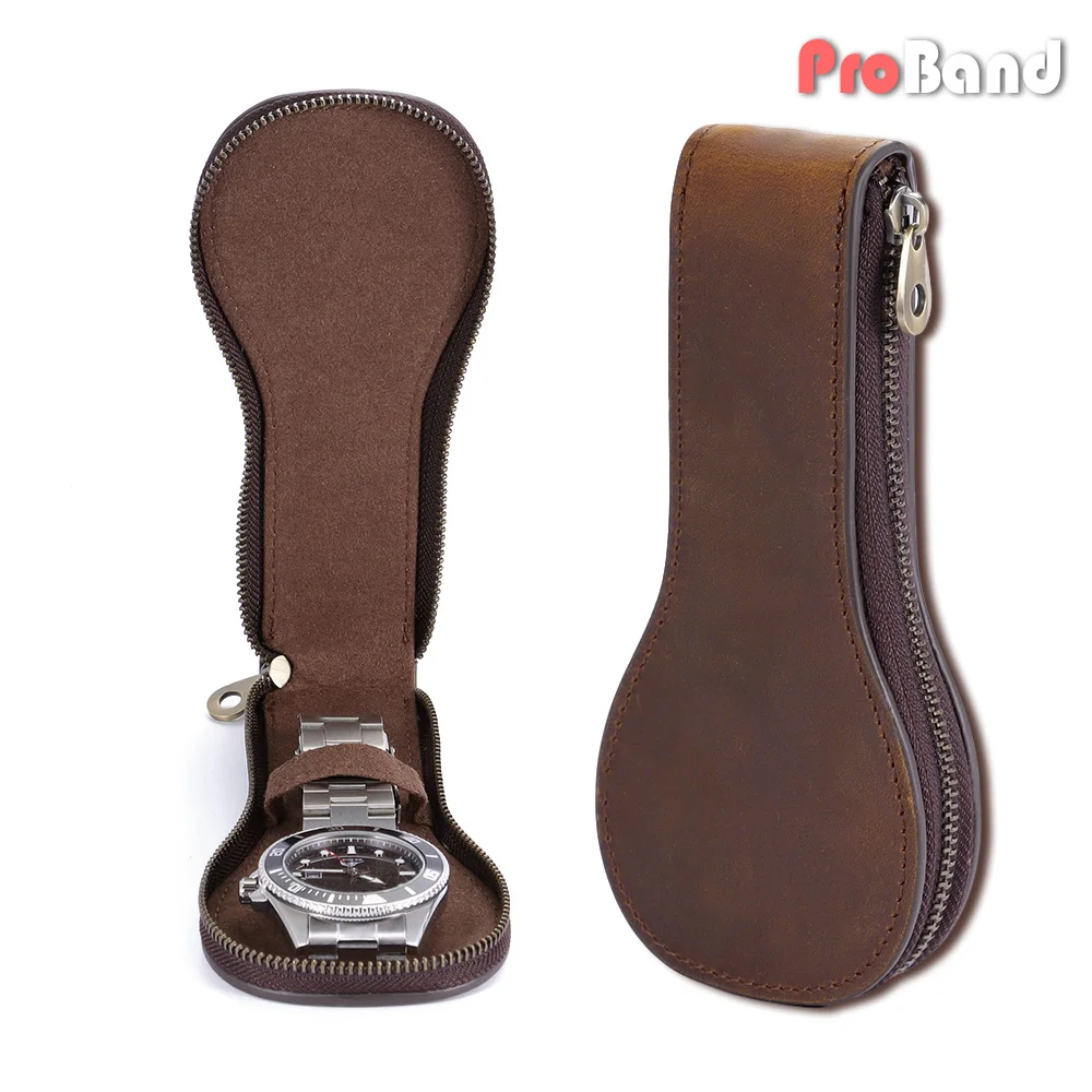 1Slot Watch Storage Bag Crazy Horse Brown Zipper Travel Case Portable Watch Organizer Holder for Wristwatches and Smart Watches