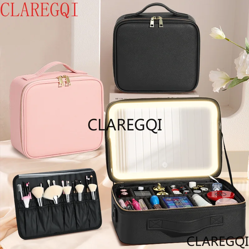 Makeup bag with light, large capacity box, full screen mirror, handheld and portable travel cosmetics storage bag, storage box