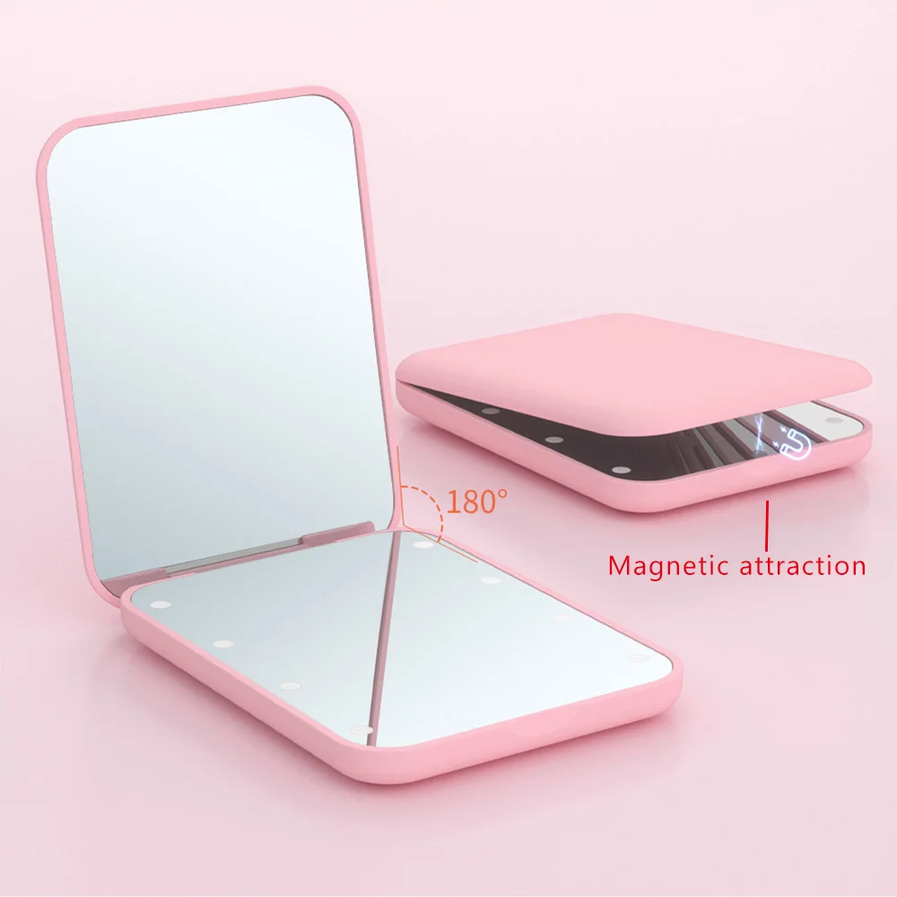 Portable Folding Makeup Woman Cute 2x Magnification Travel Handheld LED Cosmetic Button Battery Mirror Pocket Mirror with Light