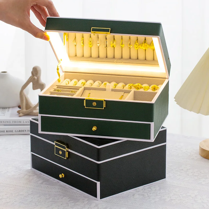 Square PU Leather Jewelry Box With Mirror LED Light Portable Large Capacity Drawer Organizer Travel Gifts for Women