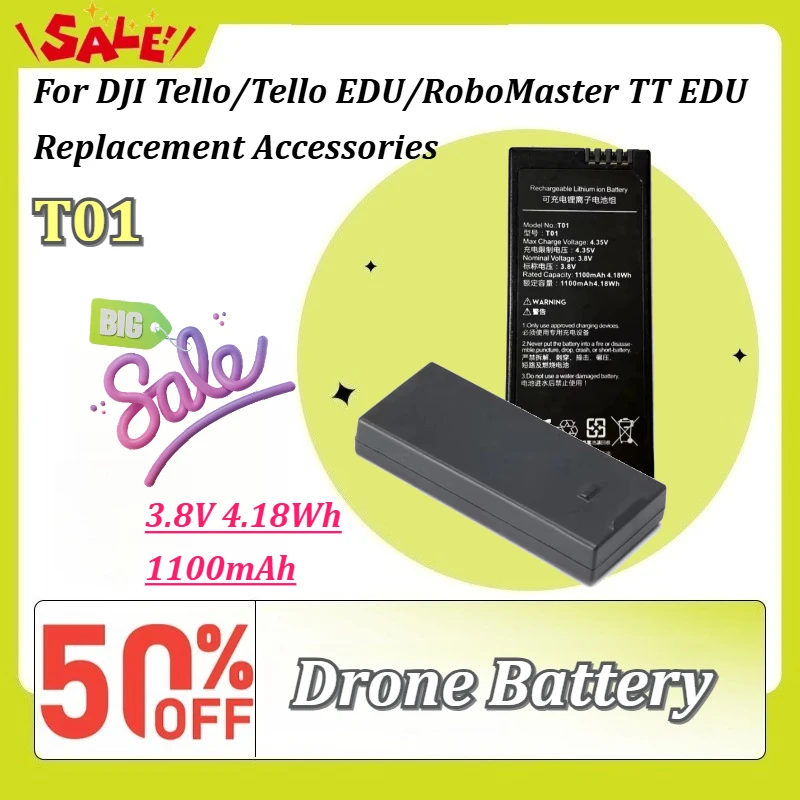 T01 3.8V 4.18Wh 1100mAh Premium Rechargeable Flight Battery for DJI Tello/Tello EDU/RoboMaster TT EDU Replacement Accessories