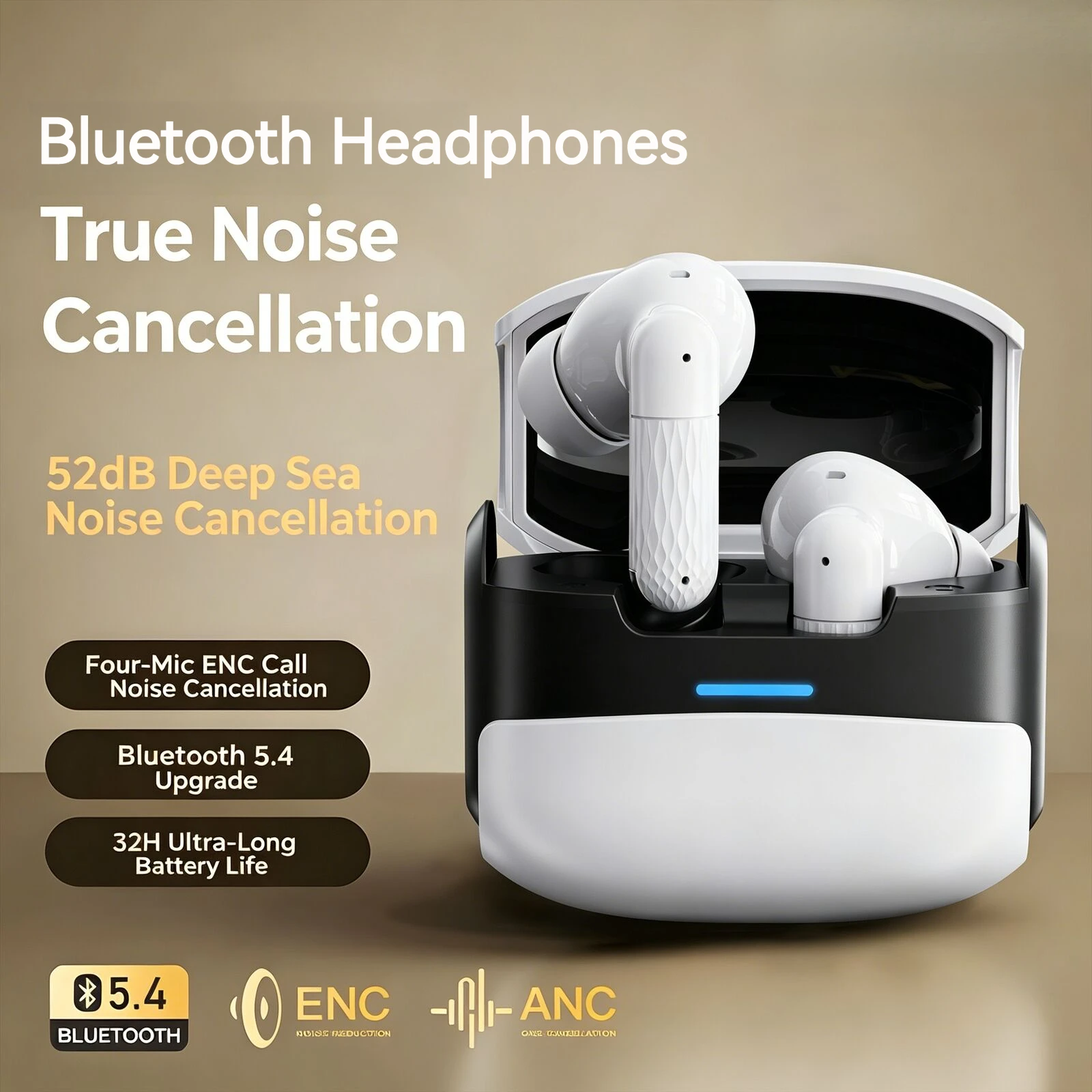 Wireless Bluetooth 5.4 in Ear Headphones Hifi Stereo Noise Cancellation Calls Long Battery Life IPX5 Waterproof Sports Earbuds