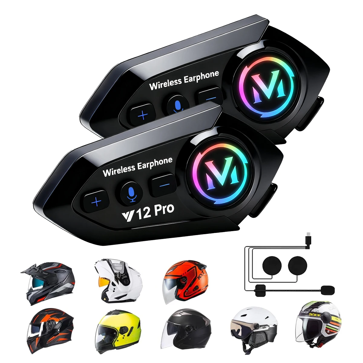 RGB Light Motorcycle Intercom V12 Pro Bluetooth 5.3 Helmet Headset Noise Reduction Wireless Earphones Waterproof Intercomunica
