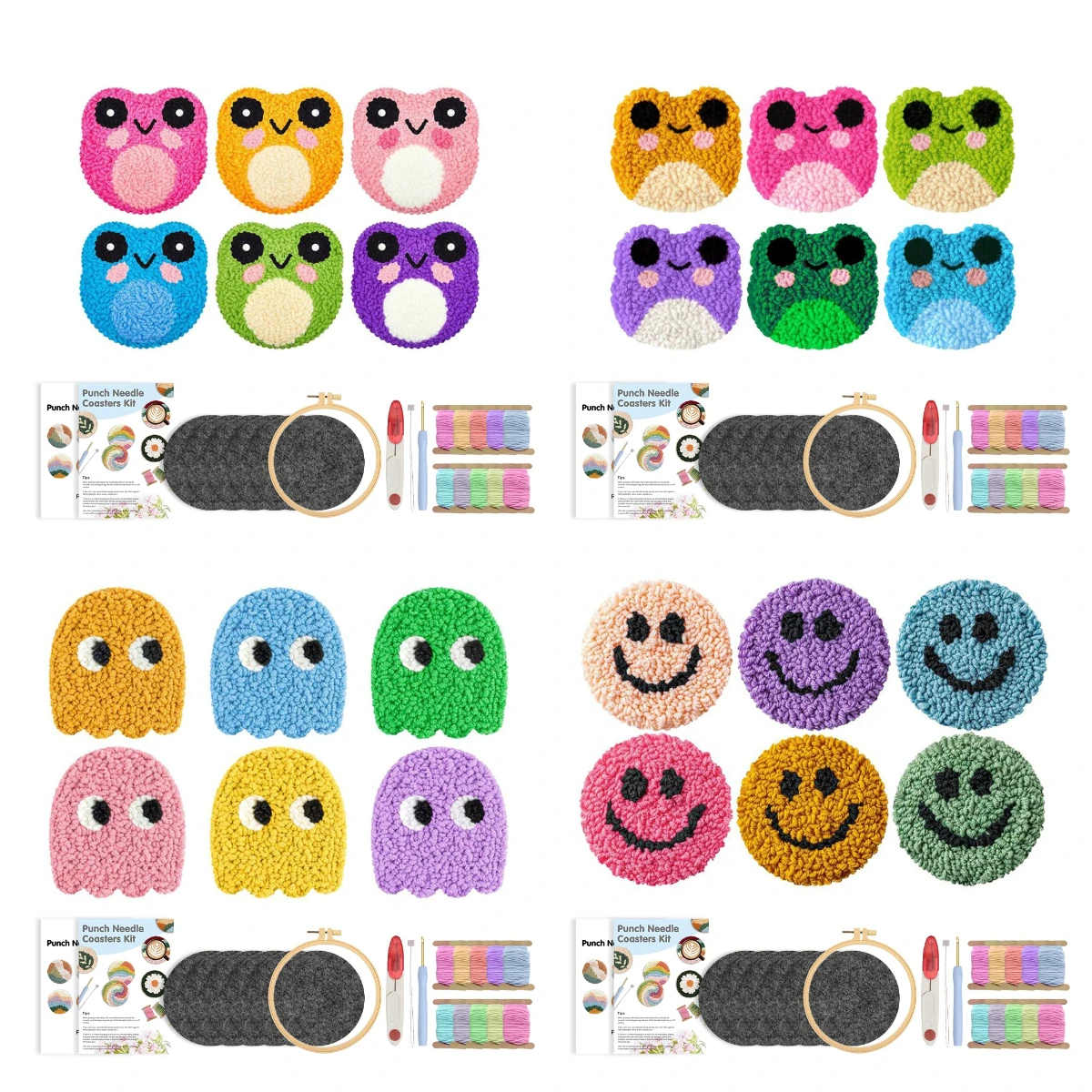 6Pcs Frog Punch Needle Coaster Kit DIY Coaster Making Set Felt Yarns Embroidery Kit for Adult Beginner Home Decoration