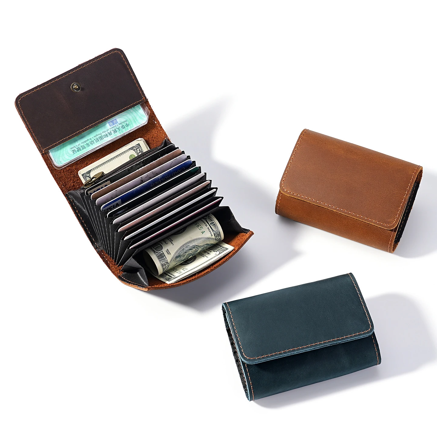 Vintage genuine leather accordion card wallet, 10 slot card holder for men and women, can store car driver's license ID card