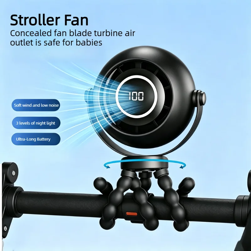 Portable Stroller Fan, Rechargeable Personal Fan, Bladeless Octopus Tripod Clip Fan with 3 Wind Speeds for Baby Travel Car Seat