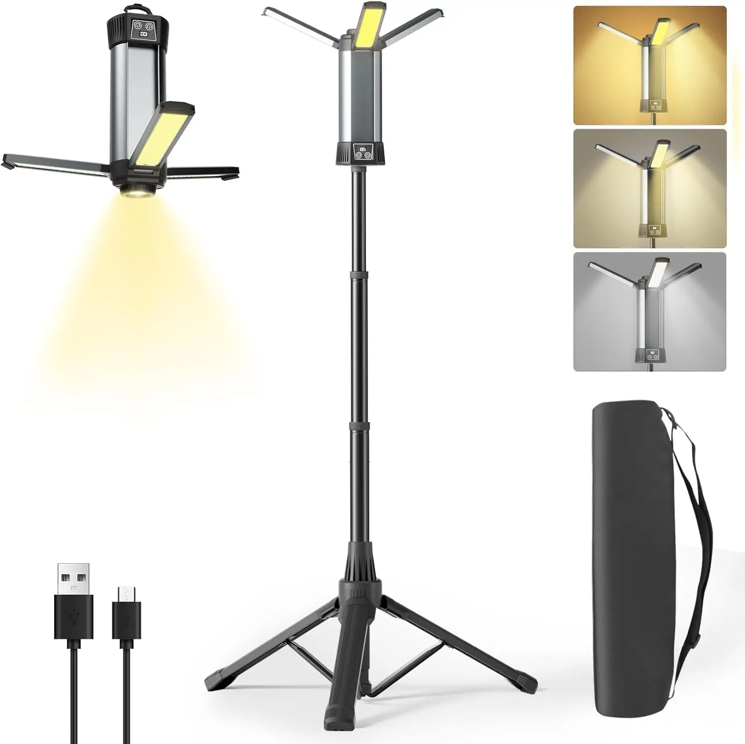 Rechargeable Work Light, Camping Lights Outdoor, LED Cordless Work Lights on Stand with Detachable Tripod Hooks and Carrying Bag