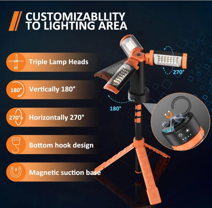 9000mAh Rechargeable Camping Work Light Dimmable Magnetic Emergency Flashlight Detachable Tripod Stand 186cm 74Inch Max Height