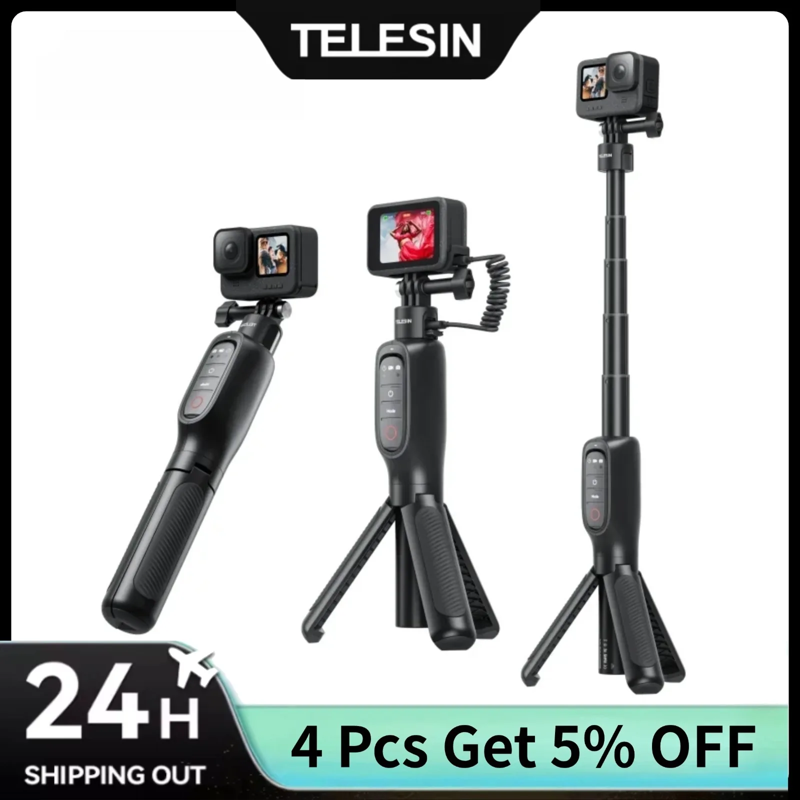 TELESIN Shorty Rechargeable Selfie Stick Tripod with Remote Control for Gopro Hero 13/12/11/10/9 High-Capacity Battery Monopod