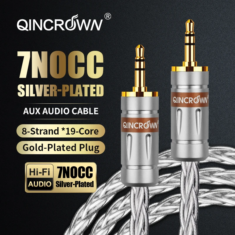 QINCROWN Premium 3.5mm AUX Audio Cable 7N Silver Plated OCC for HiFi Player Headphone Amp Speaker