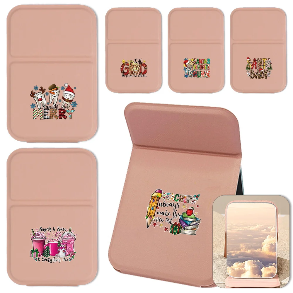 Desktop Folding Makeup Mirror Christmas Print Handheld Pocket Mirror Portable Non Slip Beauty Tool Christmas Pattern