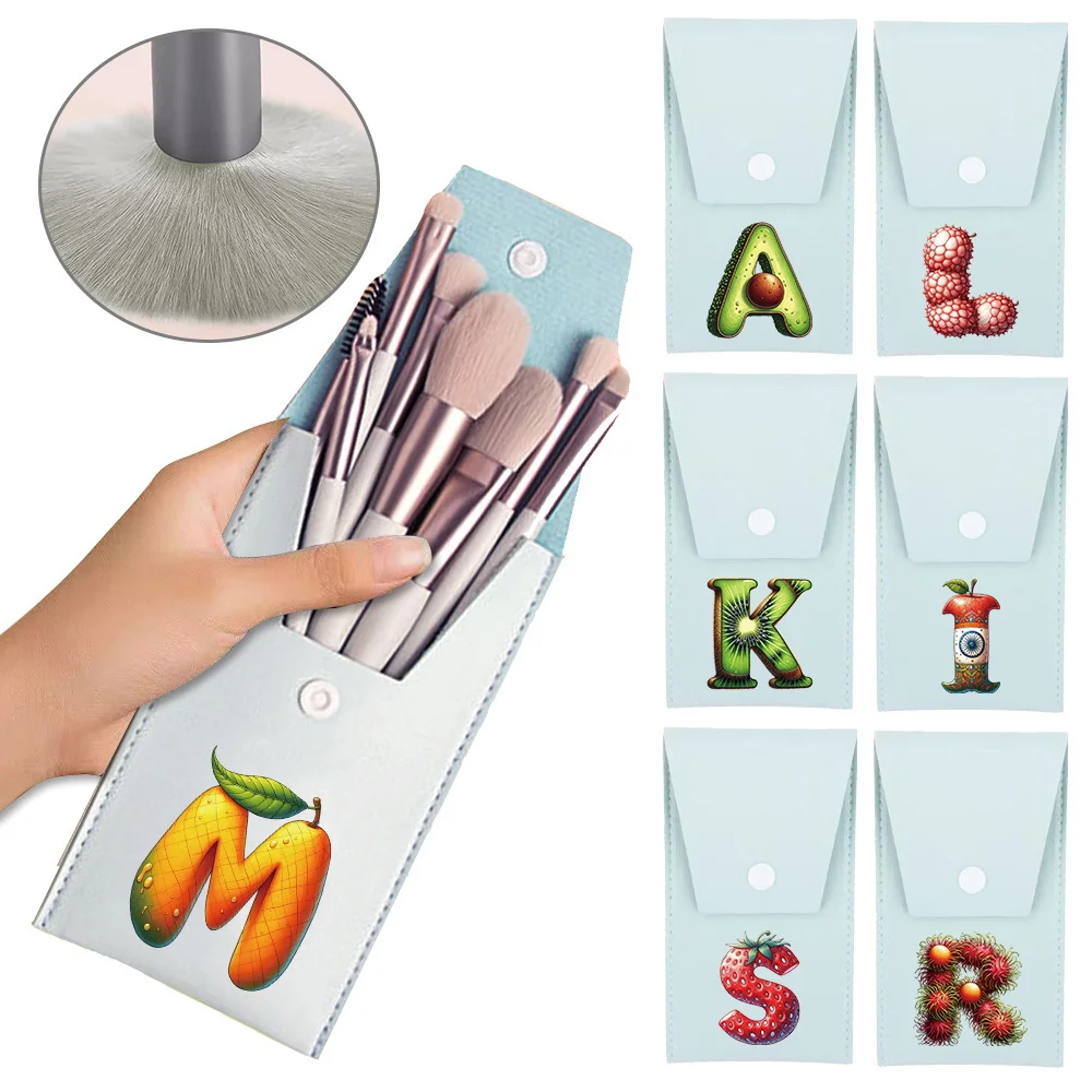 Women Cosmetic Brush Kit with Case Organizer Portable Powder Brush Fashion Beauty Tools  Initial Name 26 Letters Fruit Pattern
