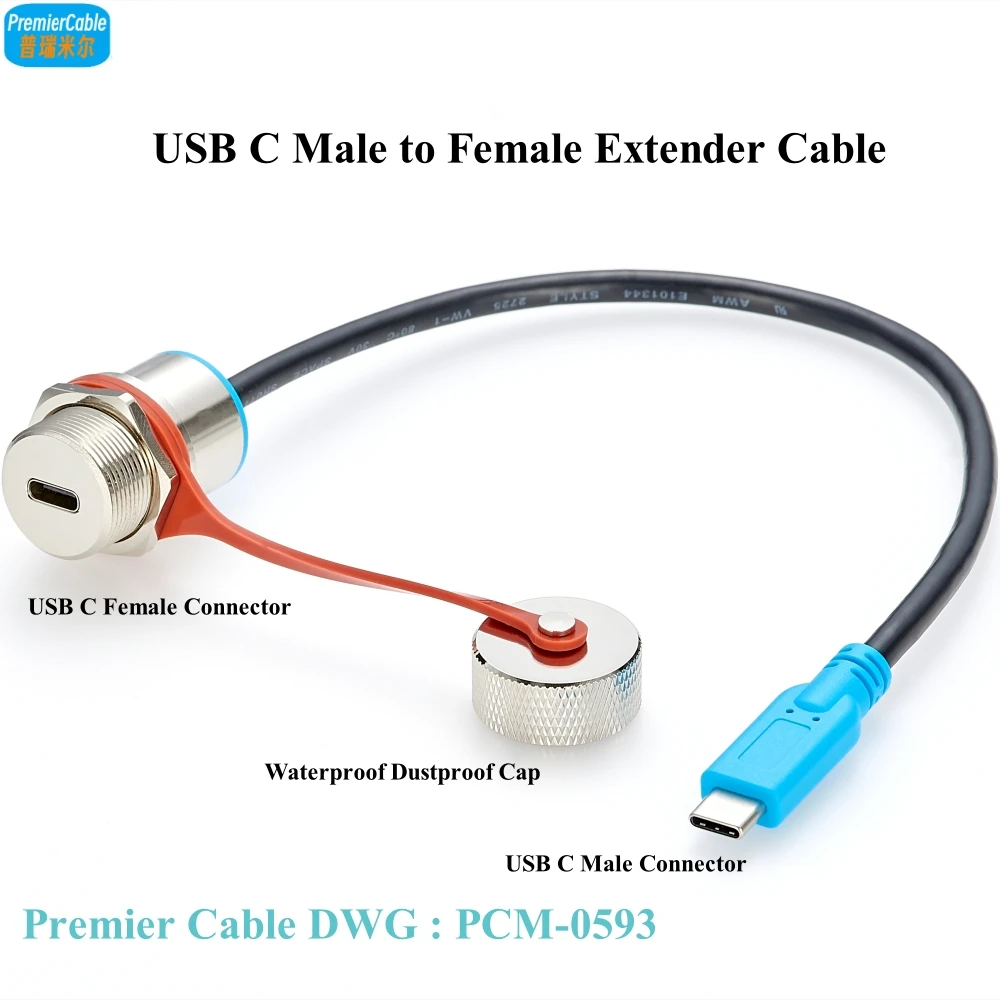 Ruggedized Waterproof USB C Male to Female Extender Cable IP67 Type C Metal Sealed Cable Outdoor Panel Mount Pass Cable with Cap