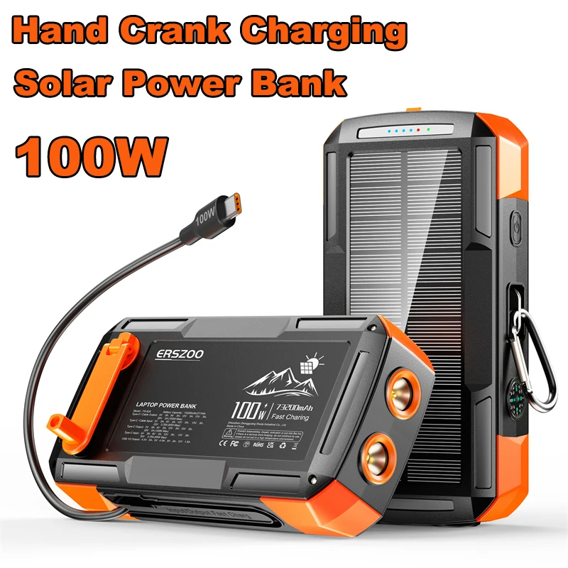 Hand Crank Solar Power Bank 73200mAh USB C 100W Fast Charging External Battery Powerbank For Laptop iPhone Samsung Xiaomi Huawei