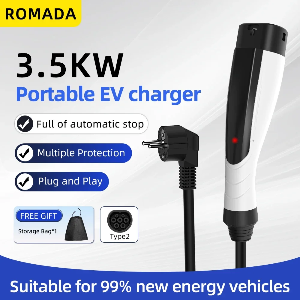 NEW ROMADA 3.5KW 16A Portable EV Charger 3M-10M Cable IEC62196 TYPE2 EVSE EU Plug Safe Fast Charging for Electric Vehicles CE