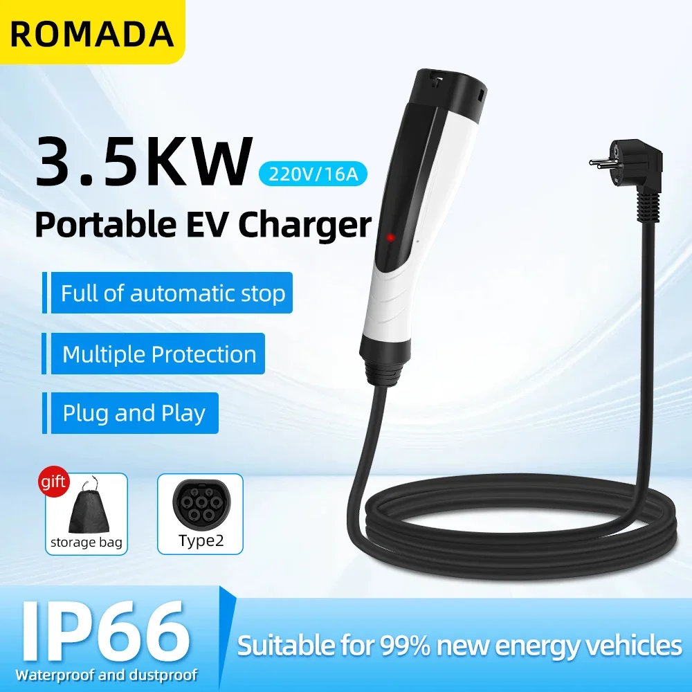 NEW ROMADA 3.5KW 16A Portable EV Charger with 3M-10M Cable IEC62196 TYPE2 EVSE EU Plug Safe Charging for Electric Vehicles