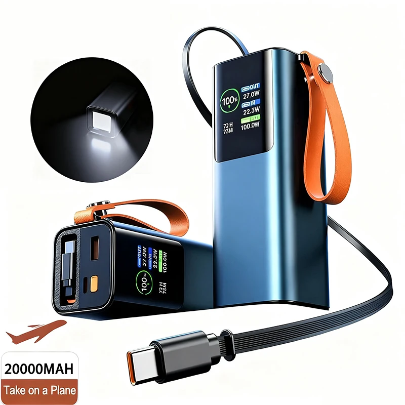 Portable Power Bank 20000mAh PD 100W Fast Charging with Built-in USB Type C Cable for Laptop iPhone 16 Samsung Xiaomi Powerbank