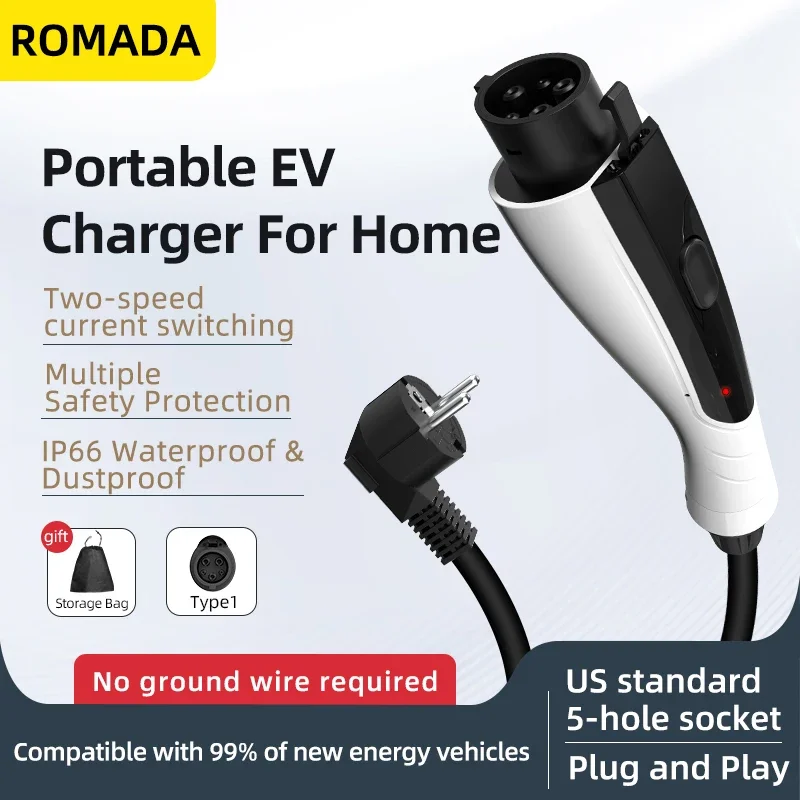 16A 3.5KW Type1 Portable EV Charger SAE J1772,3-10M Cable Electric Vehicle Charging Station for Home