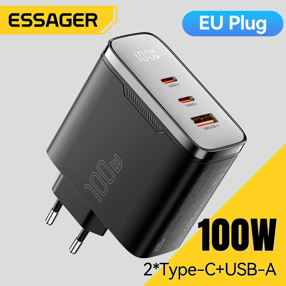 Essager 100W GaN USB Type C Charger Digital Display PD QC Charger Portable USB Charger For iPhone 17 16 15 Xiaomi Macbook Laptop