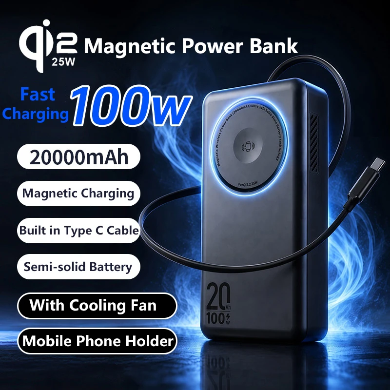 Semi-solid Battery Qi2.2 25W Magnetic Wireless Power Bank 20000mAh PD 100W Fast Charger for iPhone 17 16 iWatch Laptop Powerbank