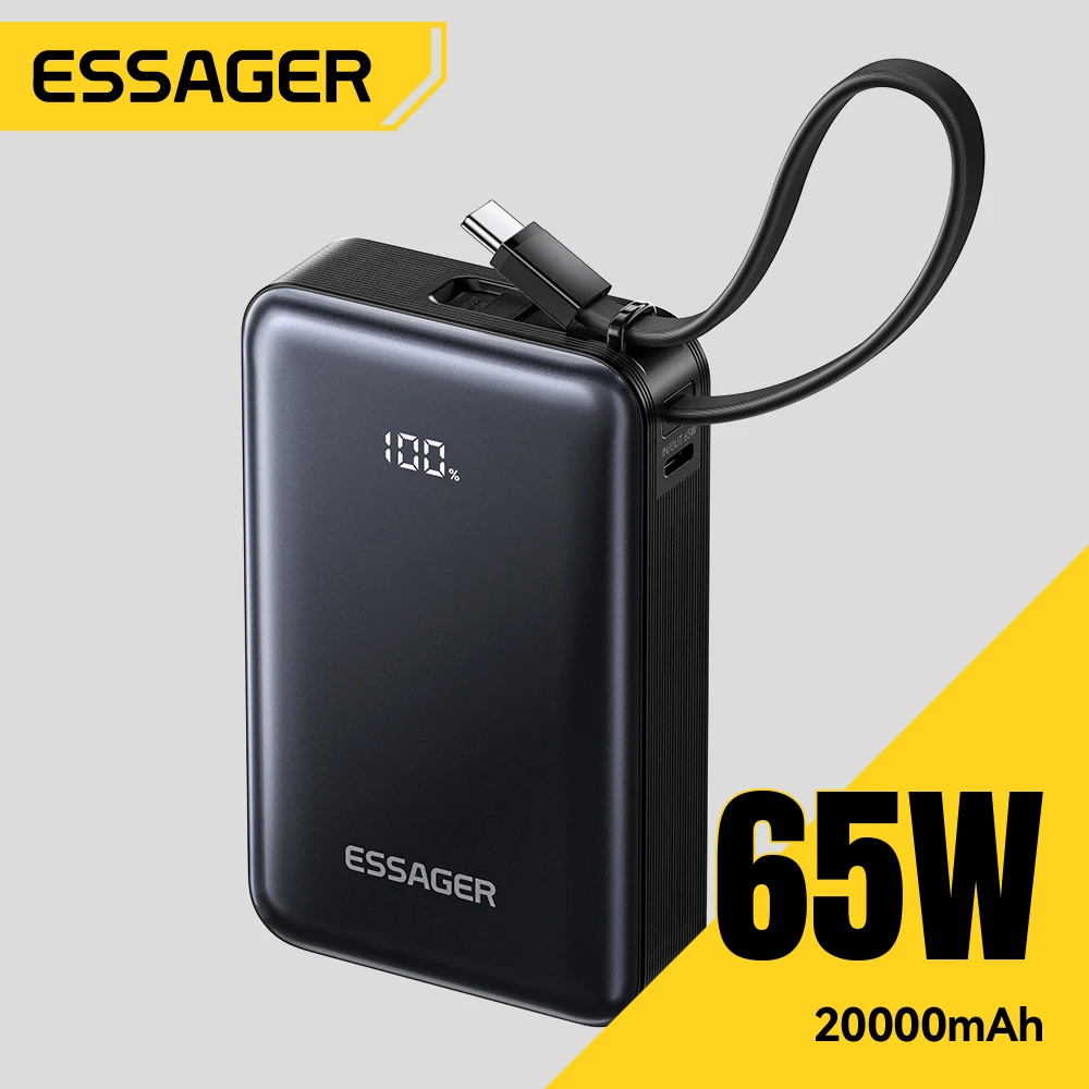 Essager 65W Power Bank 20000mAh Built-in USB-C Cable Portable Powerbank for Laptop PD Fast Charger for iPad iPhone 17 16 Pro Max